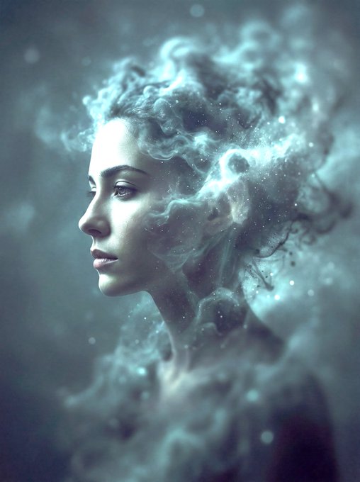 A fantasy portrait of a woman in profile with her hair transforming into swirling, luminescent blue clouds and smoke against a misty background.