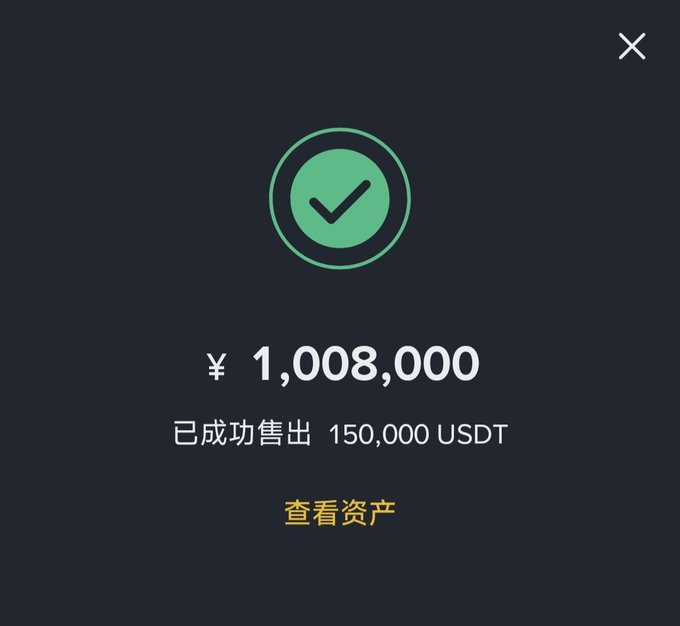 A cryptocurrency transaction confirmation screen showing a successful sale of 150,000 USDT for ¥1,008,000, with Chinese text '已成功售出' and '查看资产'.