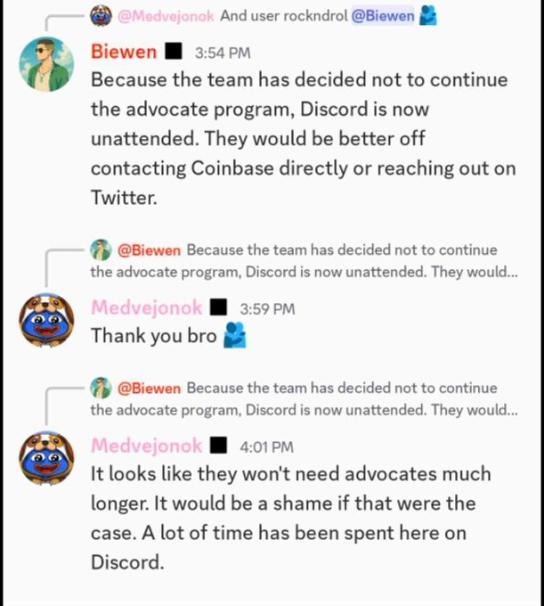 A Discord chat where Biewen announces the advocate program has ended, redirecting them to contact Coinbase directly or Twitter, and Medvejonok thanks him and expresses disappointment about the time spent on Discord.