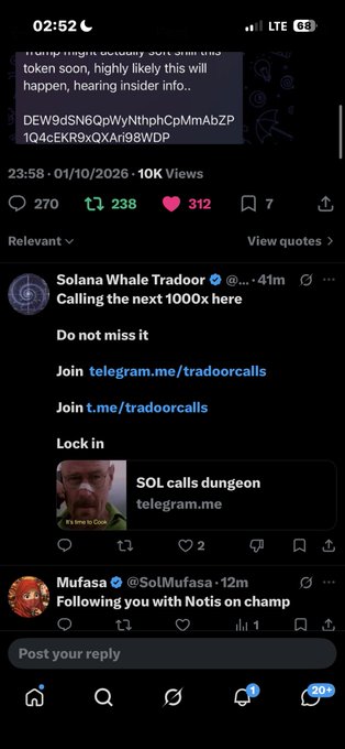 A screenshot of a Twitter/X feed showing crypto posts including one by 'Solana Whale Traduer' promoting 'telegram.me/tradoorcalls' and another mentioning token addresses 'DEW9dSN6QpWyNthphCpMmAbZP1Q4cEKR9xQXAni98WDP'.