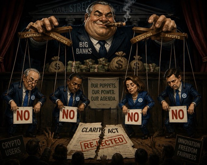 A political cartoon depicts a large cigar-smoking figure labeled "BIG BANKS" pulling puppet strings labeled "CAMPAIGN DONATIONS" and "LOBBYING PAYOFFS" to control Democratic politicians who hold "NO" signs above a "REJECTED CLARITY ACT" document, while "CRYPTO USERS" and "INNOVATION FREEDOM FAIRNESS" signs appear in the crowd below. The image illustrates the post's claim that Democrats are controlled by big banks and have opposed crypto legislation like the Clarity Act.
