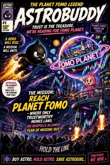 A vibrant comic book cover titled 'ASTROBUDDY' featuring a black cat-like superhero flying toward 'FOMO PLANET' with text reading 'THE MISSION: REACH PLANET FOMO' and 'HOLD THE LINE'.