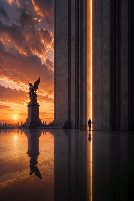 A cinematic scene shows a lone figure standing before a massive, glowing vertical structure beside an angel statue, with a sunset reflecting on the highly polished floor.