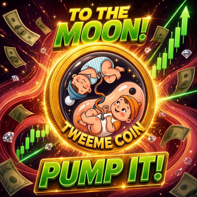 A vibrant promotional graphic for "$TWEEME" featuring the text "TO THE MOON!" and "PUMP IT!" around a central gold coin depicting cartoon babies, set against a backdrop of cash, diamonds, and green candlestick charts, perfectly matching the post's hype about the meme coin "going to the moon."