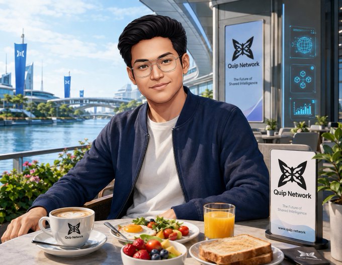 An AI-generated image of a young man with glasses sitting at a cafe table, surrounded by breakfast food and promotional materials for 'Quip Network'.