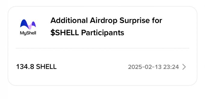 A notification card from MyShell announcing an 'Additional Airdrop Surprise for $SHELL Participants' showing an allocation of 134.8 SHELL dated 2025-02-13 23:24.