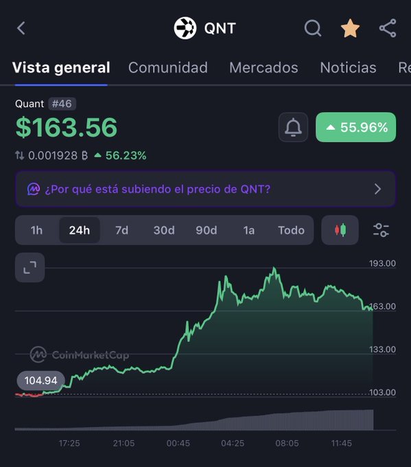 A CoinMarketCap price chart for QNT (Quant) cryptocurrency showing a price of $163.56, up 55.96% over 24 hours, displayed in Spanish with a green upward trend line.