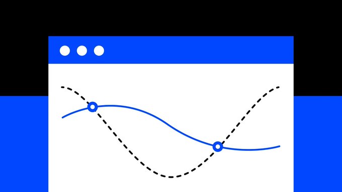 A simple illustration showing a browser window icon with a blue solid curve and a black dashed curve intersecting at two points, displayed against a blue background.