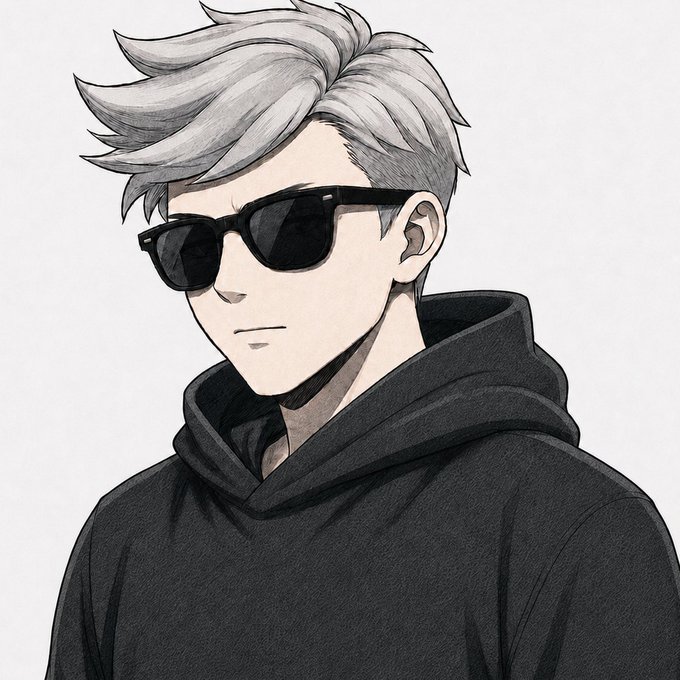 A stylized anime-style portrait shows a young man with silver/white hair and black sunglasses wearing a dark hoodie. The image serves as the user's new profile picture (PFP), featuring a trendy, minimalist aesthetic.