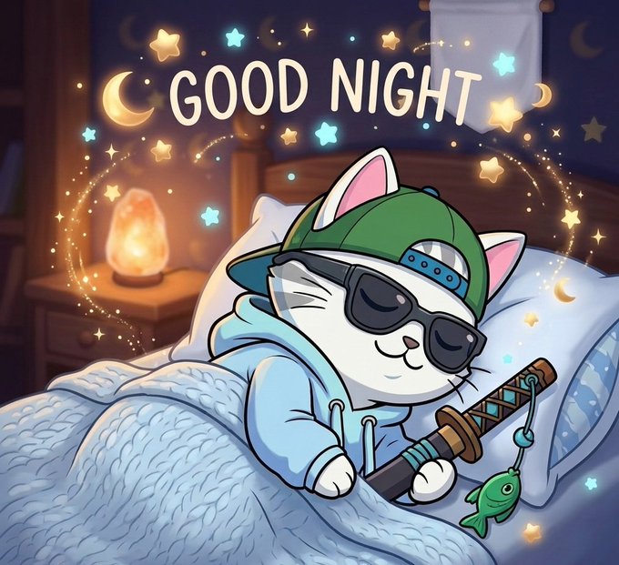A cartoon cat wearing sunglasses, a green cap, and a hoodie sleeps in bed holding a katana with a fish charm, surrounded by glowing stars and moons beneath the text "GOOD NIGHT." The cozy bedtime scene conveys a peaceful end to the day while celebrating the user's enthusiasm for joining @River4fun and @RiverdotInc on their Web3 journey.