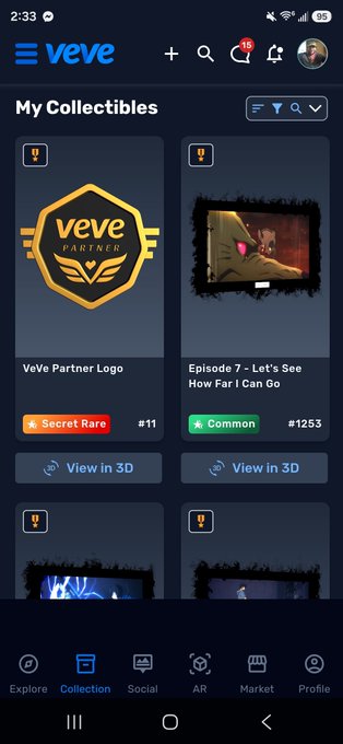 Screenshot of the VeVe app showing a 'My Collectibles' page with items including a VeVe Partner Logo (Secret Rare, #11) and Episode 7 - Let's See How Far I Can Go (Common, #1253).