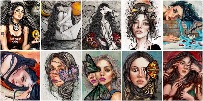 A collage of ten colorful, expressive illustrations of women with long dark hair, featuring various artistic elements like butterflies, surreal scenery, and emotional facial expressions.