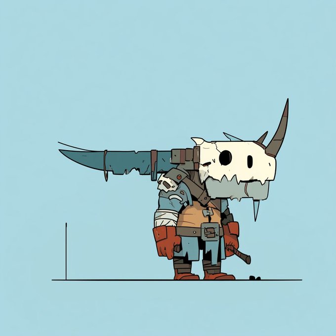 An illustration of a fantasy warrior character wearing a skull helmet with a single horn and carrying a large sword strapped to their back, set against a plain light blue background.