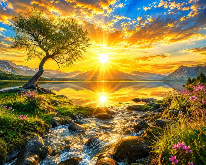 A vibrant landscape showing a glowing sunset over a calm lake, with a lone tree on the left, a rocky stream in the foreground, and mountains in the distance.