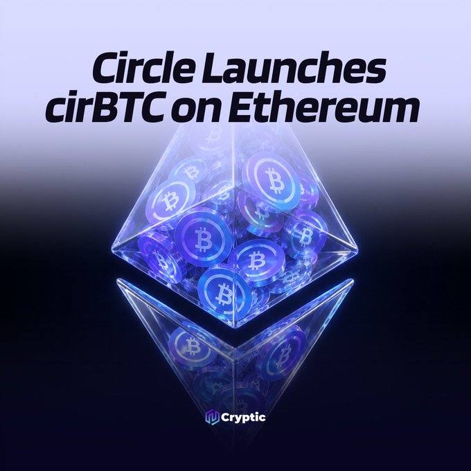 The image features a large glass cube filled with blue and purple colored Bitcoins. The text "circle Launches cirBTC on Etherium" is written above the cube, indicating that this is a new development or launch of Bitcoin cryptocurrency. The text also mentions that the coin has been launched on @ethereum, which further supports the idea that it's related to Ethereum. The image does not provide any additional information about the specific details of the coin or its purpose in the context of Etherium.