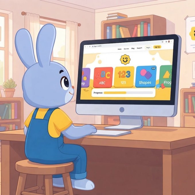 A cartoon illustration of a blue bunny wearing overalls sitting at a desk using an educational app on a desktop computer, with colorful tiles for ABC, 123, Shapes, and Frog categories displayed on screen.