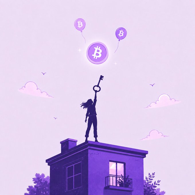 A purple-toned digital illustration depicts a silhouetted figure standing on the roof of a building, holding a key up toward a large Bitcoin coin and balloon-shaped Bitcoin symbols in the sky.
