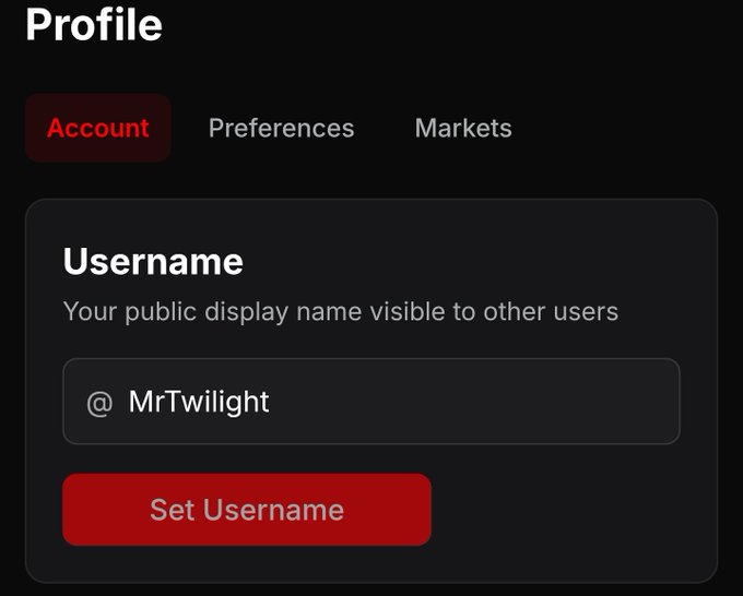 A dark-themed profile settings screen displays the username field containing '@MrTwilight' above a red 'Set Username' button under the 'Account' tab.