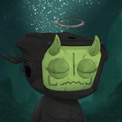 A digital illustration shows a hooded figure with a green horned demon mask, closed eyes, and a glowing halo floating above its head against a dark teal background.