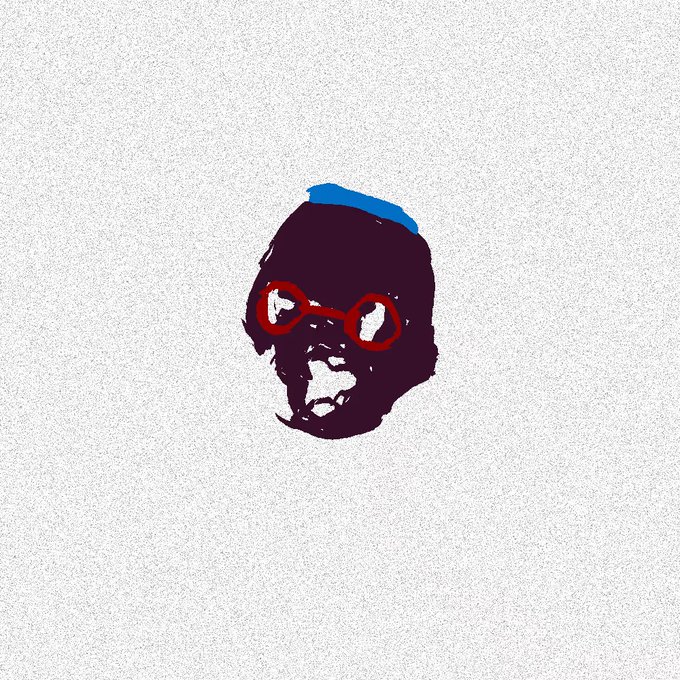 A stylized, high-contrast digital artwork of a face wearing red glasses and a blue headpiece against a grainy gray background.