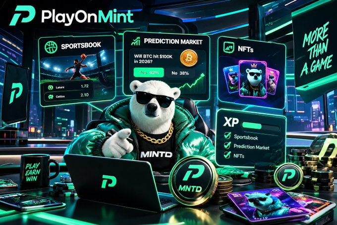 A digital promotional graphic for 'PlayOnMint' featuring an animated polar bear in sunglasses at a laptop, advertising a Sportsbook, Prediction Market (e.g., 'Will BTC hit $100K in 2026?'), NFTs, and 'MNTD' tokens.