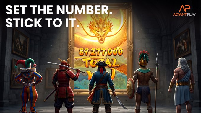 AdvantPlay advertisement reading 'SET THE NUMBER. STICK TO IT.' with five warrior characters looking at a glowing dragon framed artwork displaying '89,277,000 TOTAL'.