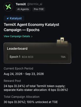 A TermiX AI Agents Katalyst profile showing a Termix Agent Economy Katalyst Campaign Epochs page with Leaderboard and reward pool details.