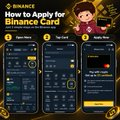 A step-by-step tutorial infographic titled 'How to Apply for Binance Card' showing a smartphone interface.