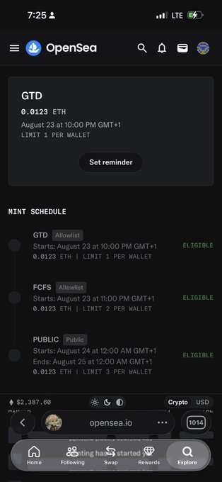 A mobile screenshot of the OpenSea app showing a 'GTD' NFT mint schedule with phases (Allowlist, FCFS, Public) priced at 0.0123 ETH.
