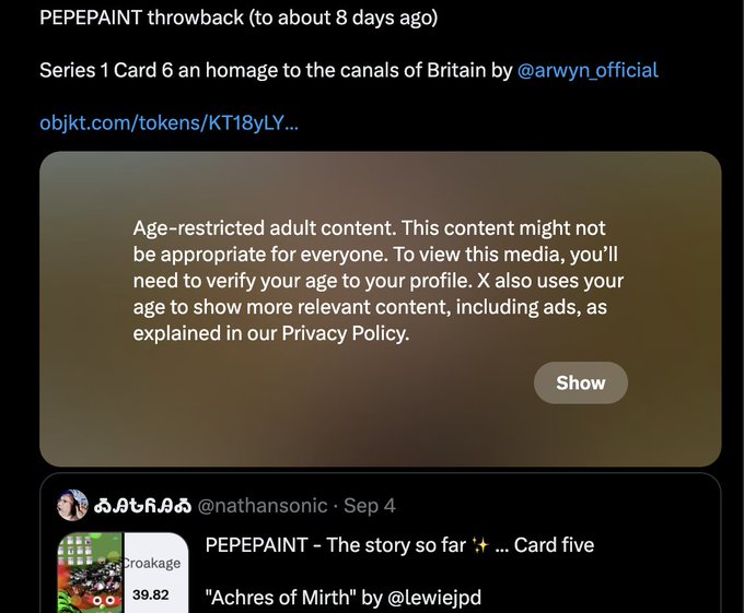 An X (Twitter) post titled 'PEPEPAINT throwback' referencing 'Series 1 Card 6' as an homage to the canals of Britain by @arwyn_official, containing an age-restricted content warning message.