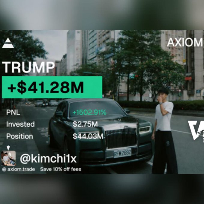 A trading success screenshot from 'AXIOM' showing a $41.28M profit (+1502.91%) on the 'TRUMP' token by user @kimchi1x, with $2.75M invested and a $44.03M position, displayed over an image of a man standing next to a Rolls-Royce.