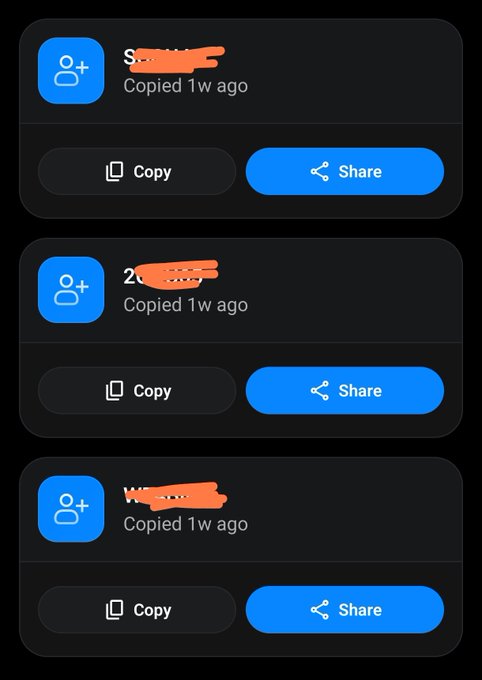 Three dark contact-sharing cards show redacted names marked 'Copied 1w ago' with Copy and Share buttons.