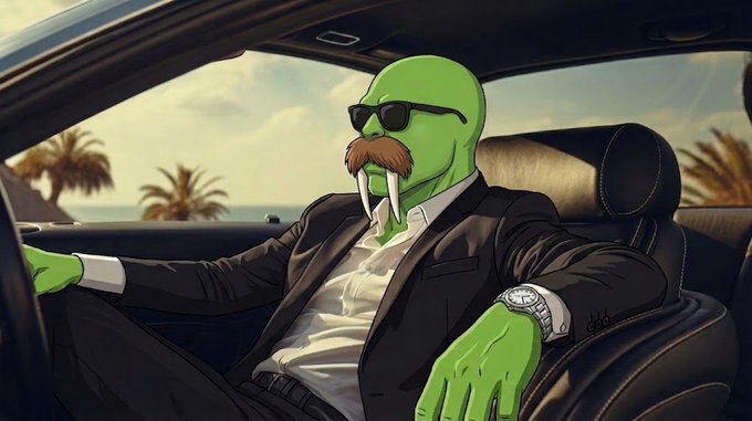 A digital illustration of a green-skinned, tusked humanoid character wearing sunglasses and a black suit, sitting in the driver's seat of a car.