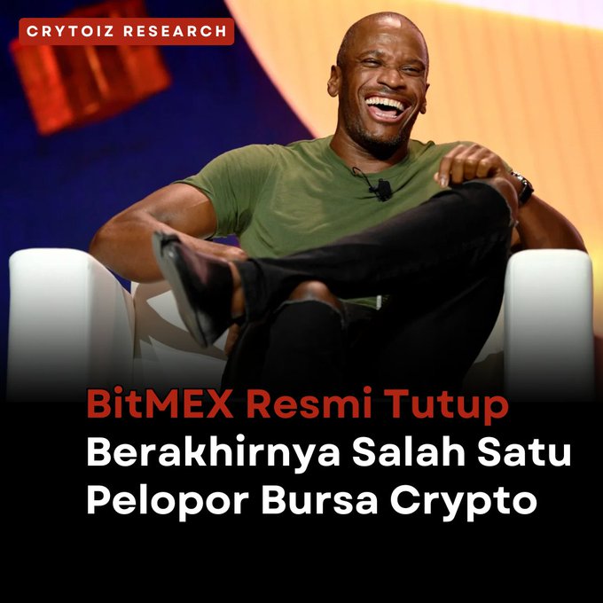 An image showing a man in a green shirt laughing while seated, with overlay text reading 'CRYTOIZ RESEARCH' at the top and 'BitMEX Resmi Tutup Berakhirnya Salah Satu Pelopor Bursa Crypto' at the bottom.