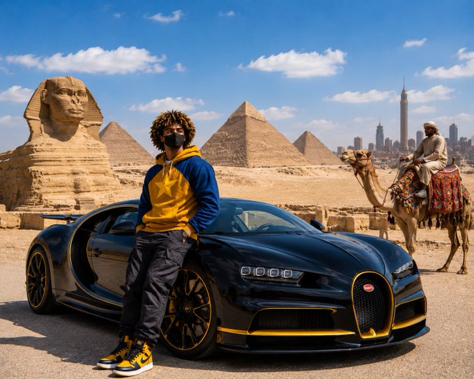 A person wearing a yellow and blue hoodie, black mask, and curly wig leans against a black and gold Bugatti, posed in front of the Egyptian pyramids and Sphinx, with a man riding a camel in the background.