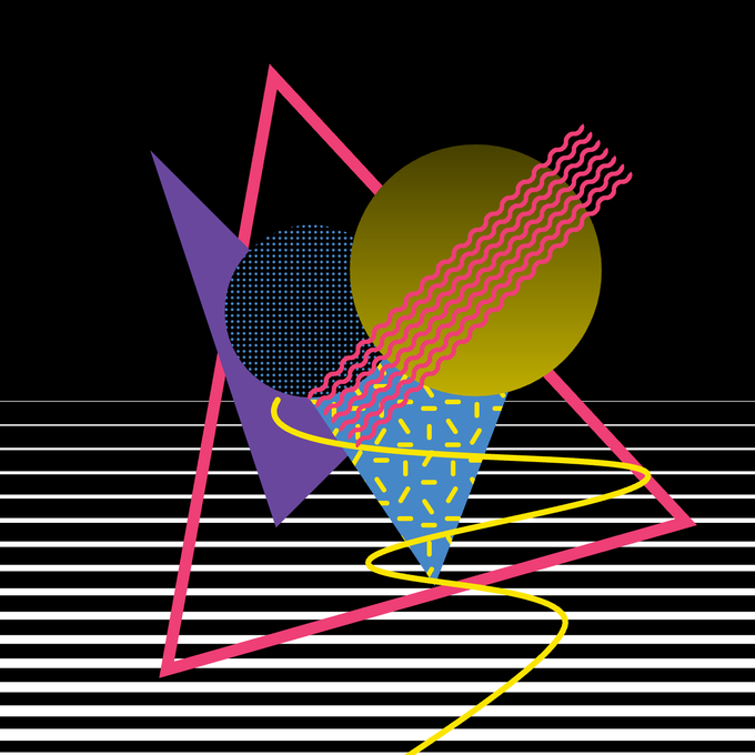A colorful 80s-style geometric design features overlapping triangles, circles, and zigzag shapes in pink, yellow, purple, and blue against a black background with horizontal stripes.