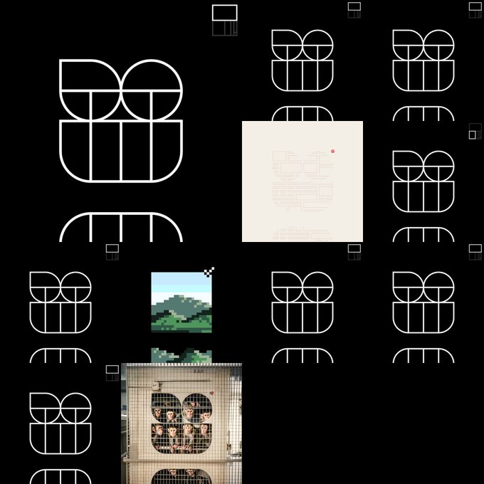 Multiple black tiles featuring a white geometric logo design with overlapping circles and a semi-circle arch, displayed on dark backgrounds along with some pixel art and photo samples.