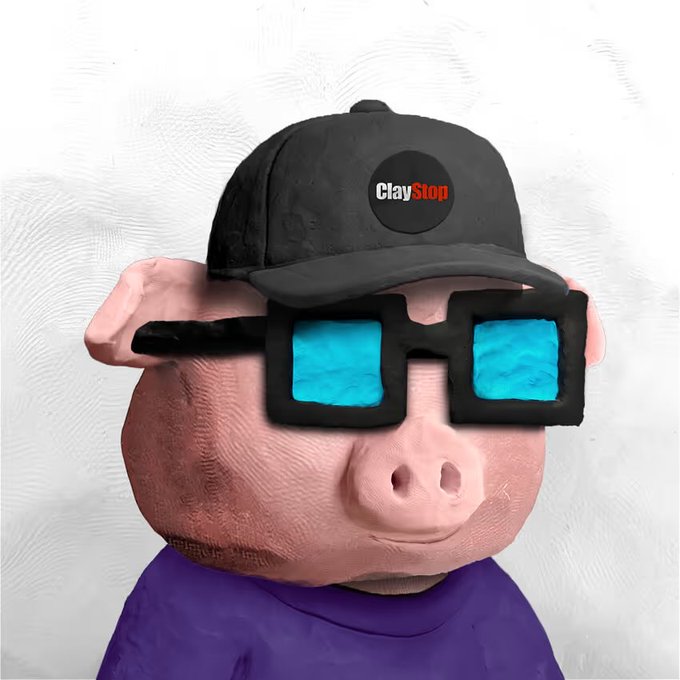 A 3D-rendered pig character wearing a black 'ClayStop' cap, pixelated cyan sunglasses, and a purple shirt.