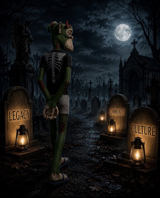 A dark, atmospheric illustration of a green zombie-like figure with horns standing in a graveyard at night, with tombstone signs reading 'LEGACY', 'COMMUNITY', and 'CULTURE'.