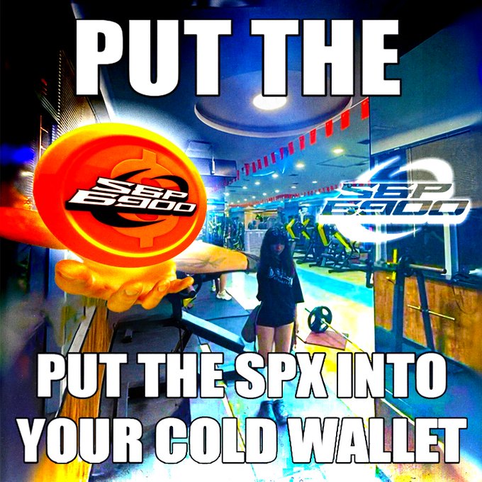 A crypto meme referencing the 'PUT THE SPX INTO YOUR COLD WALLET' trend, featuring a glowing orange SPX6900 token being held out, set in a gym with a person on a treadmill.