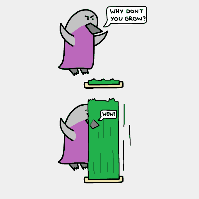 A two-panel comic featuring a purple penguin asking 'WHY DONT YOU GROW?' to a small patch of grass, then saying 'WOW!' upon seeing the tall grown grass.