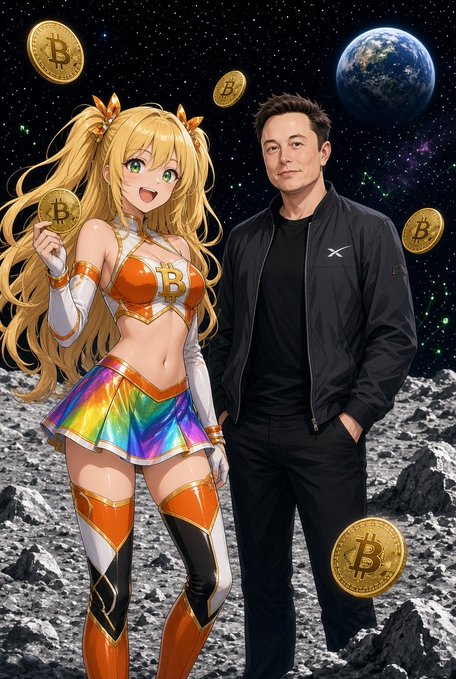 An anime-style blonde character in an orange Bitcoin-themed outfit stands next to a man resembling Elon Musk on the moon, with floating Bitcoin coins and Earth in the background.