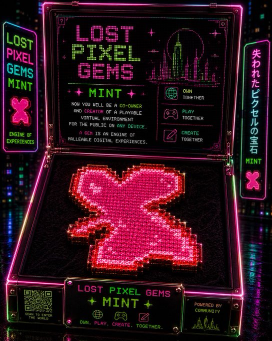 A vibrant digital artwork of a pixelated heart made of gems in an open case, labeled 'LOST PIXEL GEMS MINT' with text describing it as a 'PLAYABLE VIRTUAL ENVIRONMENT FOR THE PUBLIC ON ANY DEVICE' and 'OWN TOGETHER, PLAY TOGETHER, CREATE TOGETHER'.