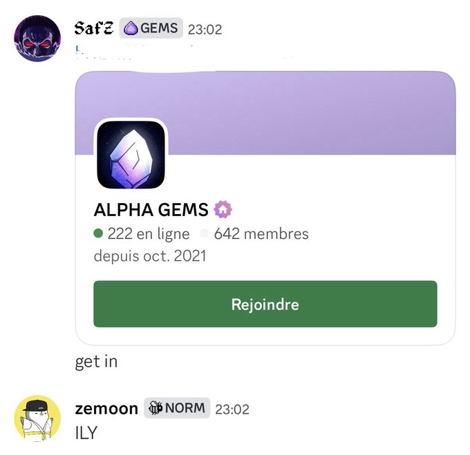 A Discord screenshot showing a server invite for "ALPHA GEMS" with 222 online and 642 members, alongside chat messages from users Safz and zemoon.
