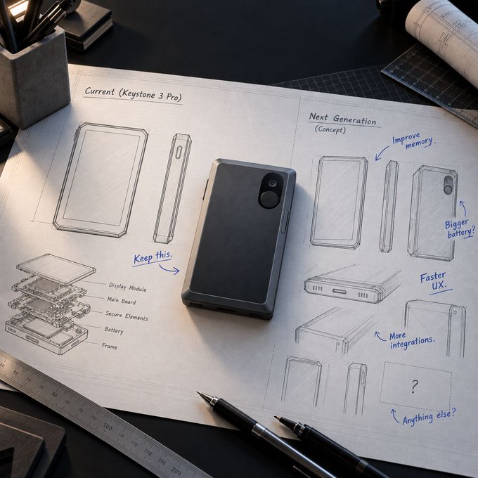 A designer's desk displays technical sketches comparing 'Current (Keystone 3 Pro)' with 'Next Generation (Concept)' smartphone designs, annotated with notes like 'Keep this.', 'Improve memory.', 'Bigger battery?', 'Faster UX.', 'More integrations.', and 'Anything else?', alongside a physical prototype phone.