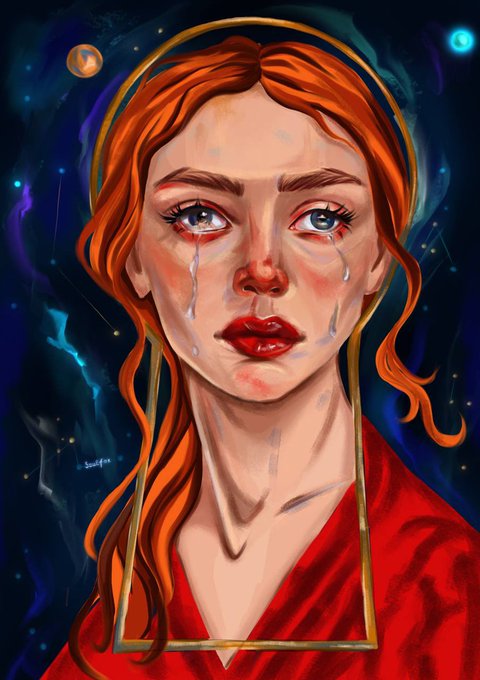 A digital painting of a red-haired woman crying, wearing a red robe, framed against a cosmic blue and purple background with stars.