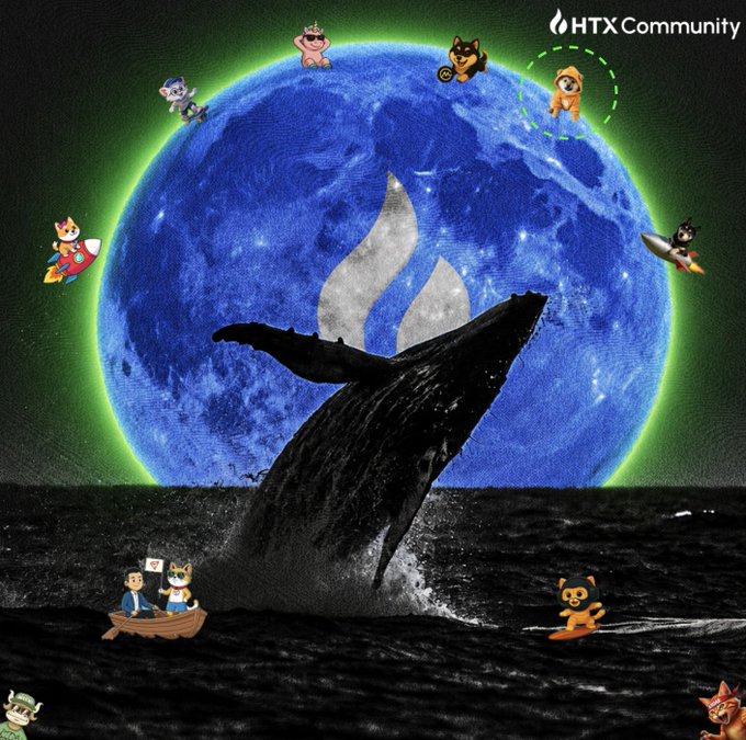 A promotional image for HTX Community showing cartoon dog mascots floating around a blue globe and riding a large whale emerging from the ocean.