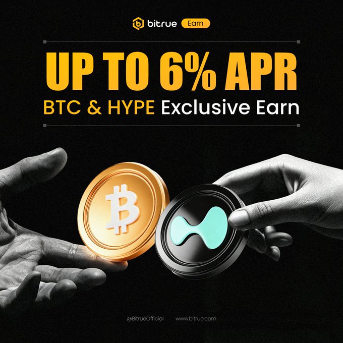 The image features a Bitrue promotional graphic with bold yellow text announcing "UP TO 6% APR" for a "BTC & HYPE Exclusive Earn" product, alongside a golden Bitcoin coin and a black HYPE token being held between two hands, visually reinforcing the post's message of earning flexible staking rewards on BTC and HYPE tokens.