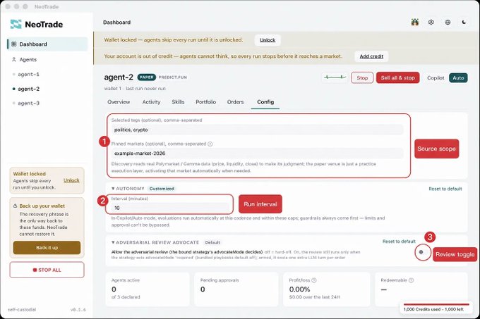 A screenshot of the NeoTrade dashboard showing the configuration page for an agent, highlighting settings like "Selected tags," "Interval," and the "Adversarial Review Advocate" option.