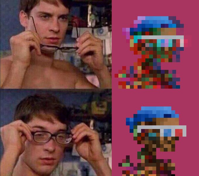 A four-panel meme showing a shirtless man removing his glasses twice, paired with pixel art recreations of the photos featuring the character from the game Dust: An Elysian Tail.